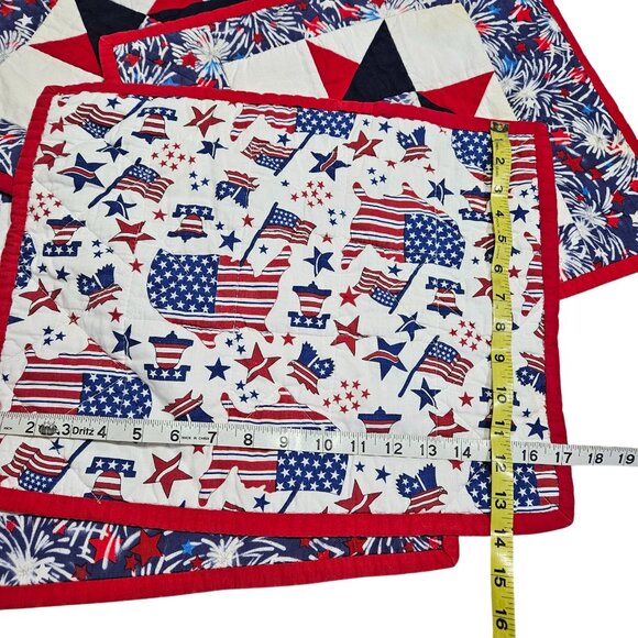 Patriotic Quilted Placemats Set Of 4 Fireworks & Stars Double-Sided Design Red/W - Picture 8 of 15